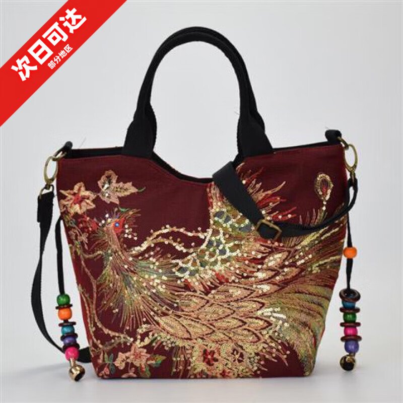蘭憐收納包新款民族風(fēng)繡花包包帆布孔雀刺繡小女包中年單肩手提斜跨包 酒紅色
