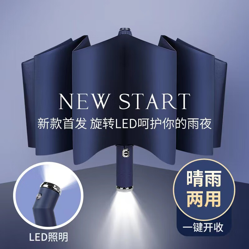 配新款旋转LED手电筒雨伞结实耐用遮阳伞男女生双骨太 抹茶绿-10骨双龙骨
