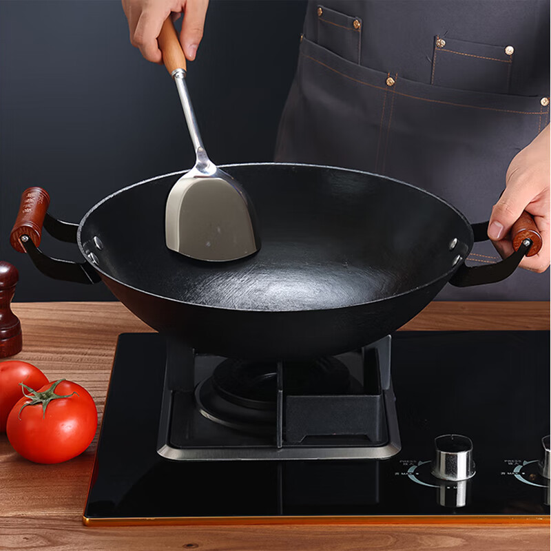 汉铸陆川铁锅龟纹生铁铸铁炒锅双耳不沾锅无涂层传统老式圆底燃气灶 龟纹双36cm有盖款（已开锅） 36cm