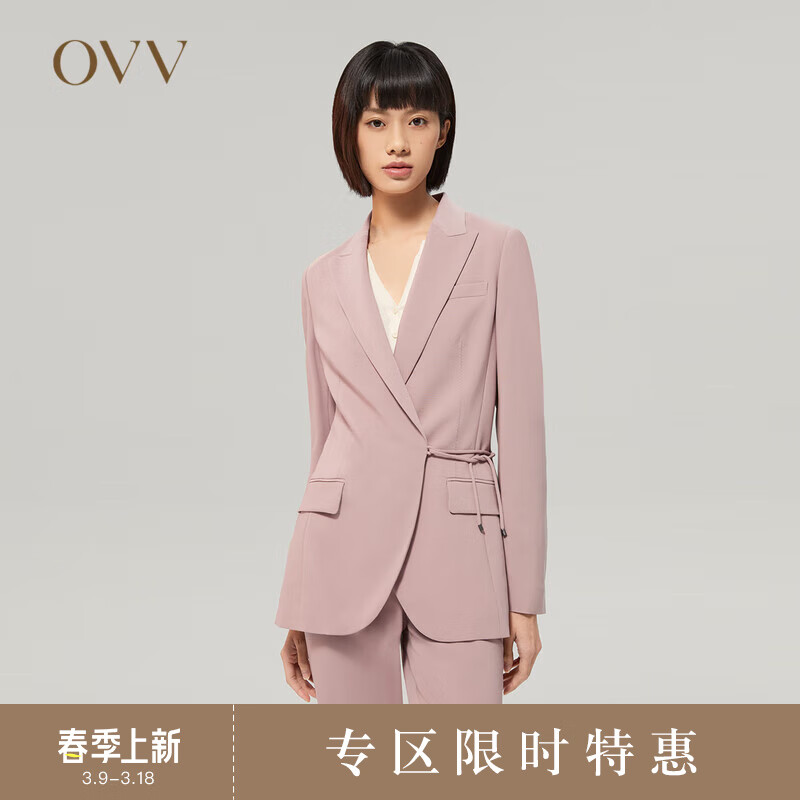OVV2022秋冬新款女装系绳收腰装饰平驳领休闲套装西服 粉红B7 L