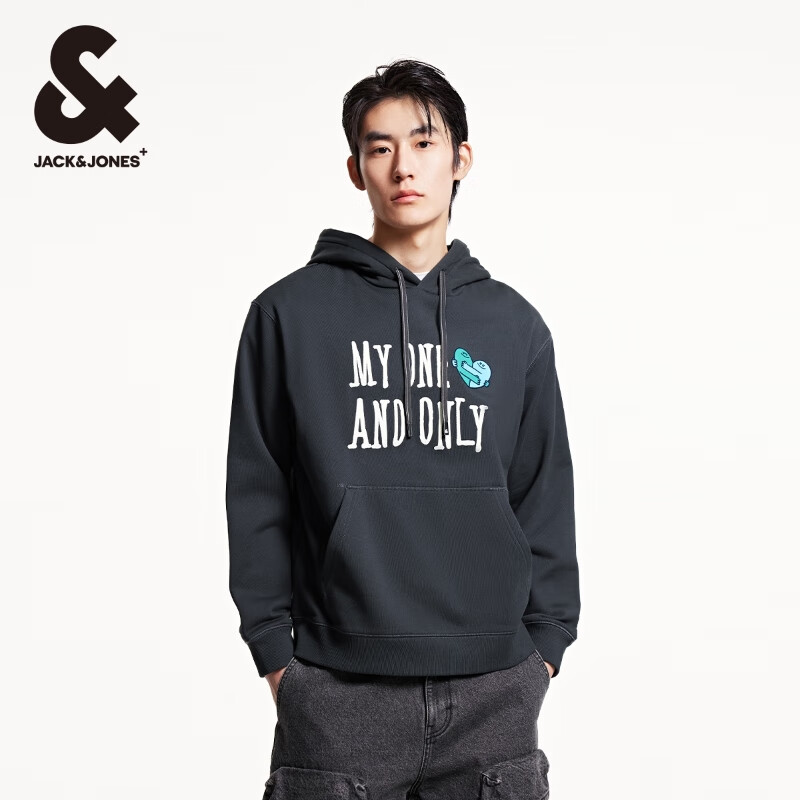 杰克·琼斯（JACK&amp;JONES）BIG HUG联名款秋季新款刺绣日常纯棉宽松连帽卫衣男装225133081 E44黑砂色 常规 M