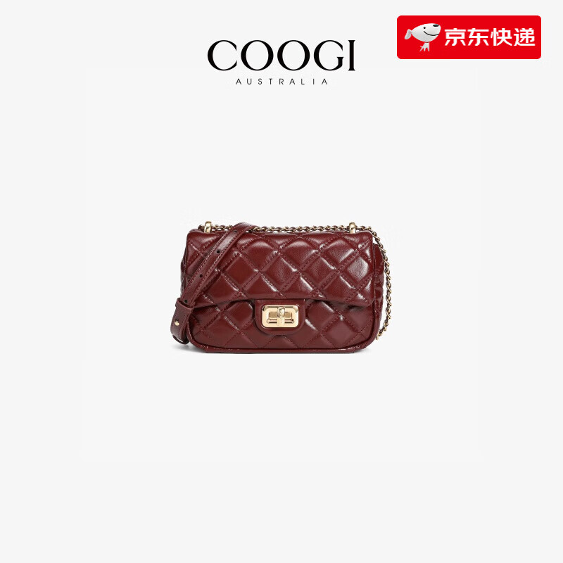 COOGI新款女士鏈條斜挎包菱格包小香風(fēng)小方包單肩包腋下包小方包 漿果紅