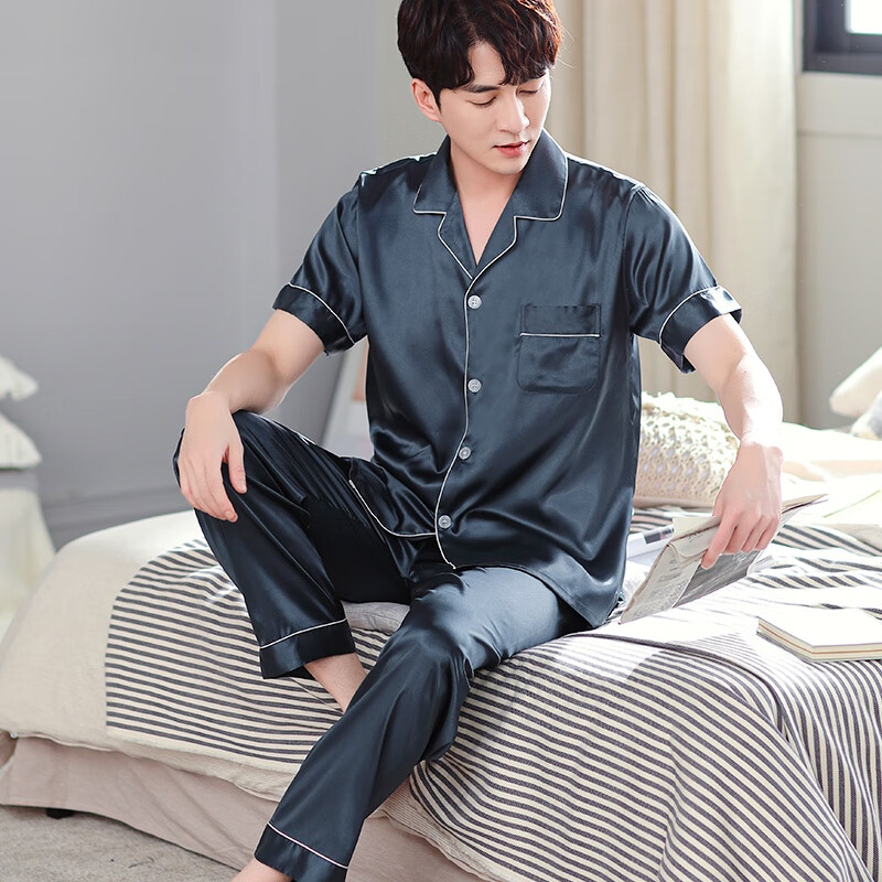 CATTYANDA 男士冰丝睡衣男春夏季短袖长裤薄款大码家居服套装 短袖纯色款-墨绿 3XL （165-185斤）