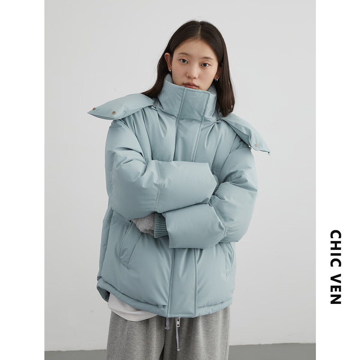 CHIC VEN 2025冬季新款80白鸭绒防风保暖连帽羽绒服外套女chicven 12180-黑色（80白鸭绒） S 【尺码偏大，建议拍小一码】