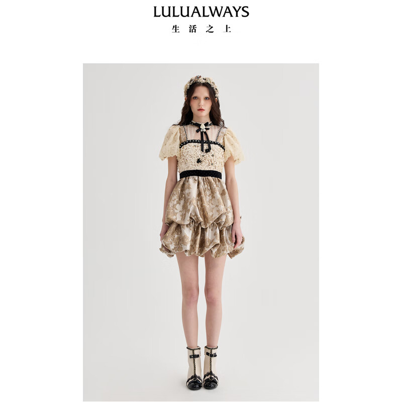 LULUALWAYS【商场同款】25春季新款法式复古浪漫泡泡袖蛋糕连衣裙 金色 L