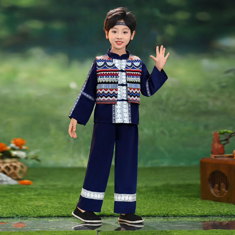 米詩德（MISHIDE）瑤族服裝兒童廣西新款壯族三月三少數(shù)民族服裝兒童瑤族男女童幼兒 男藏青色上衣+馬甲+褲子+頭部飾 150 均碼