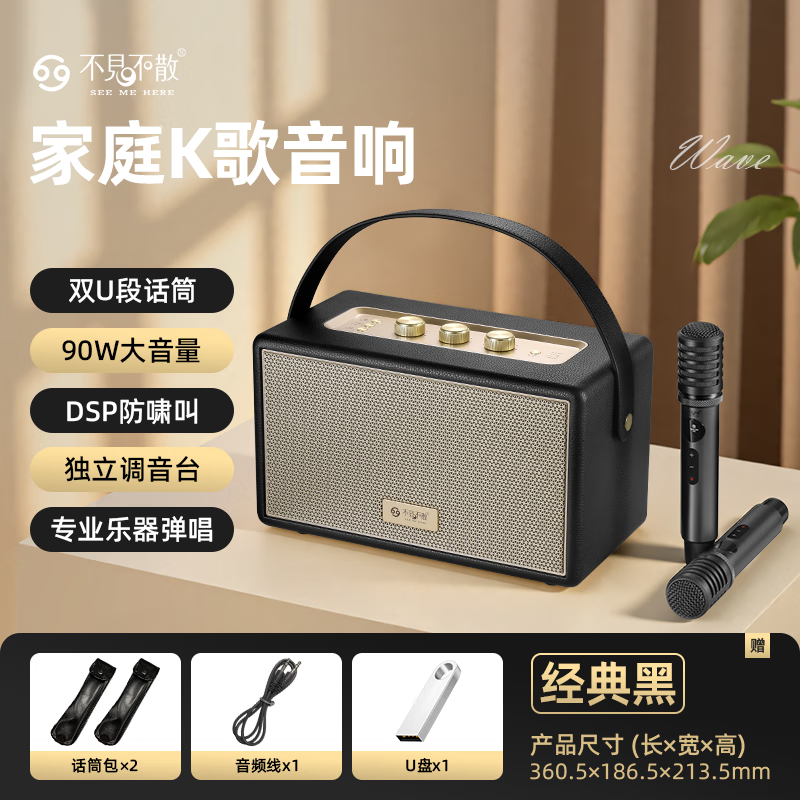 不见不散W200无线户外蓝牙音箱手提便携式广场舞立体环绕音响家用K歌麦克风一体机大音量客厅唱歌高音质 经典黑【双麦】