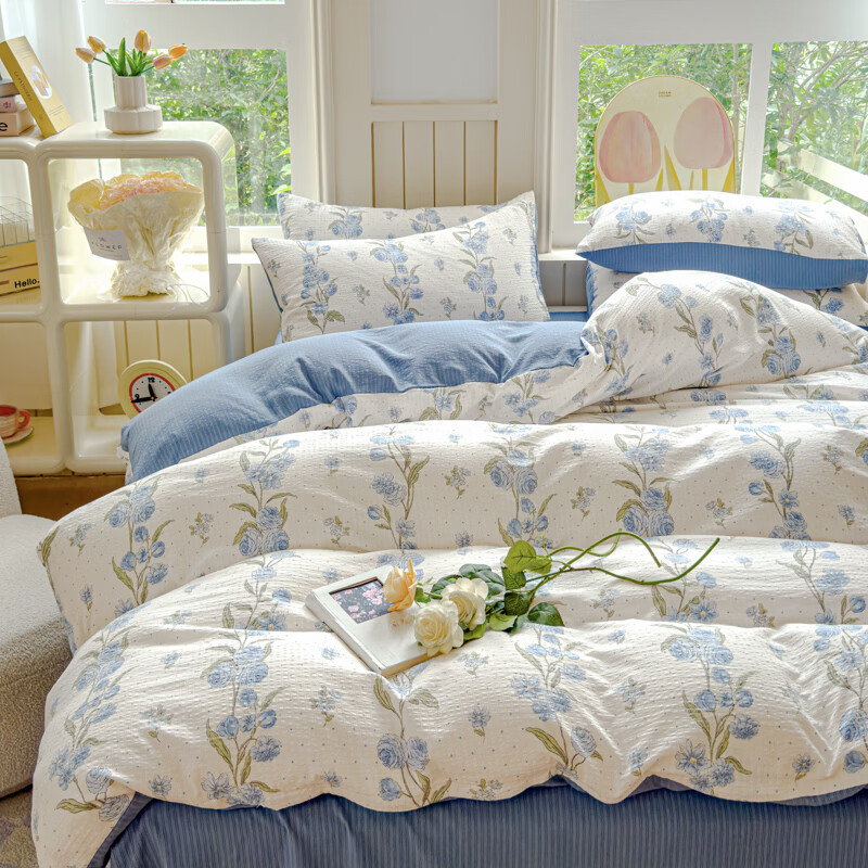 多兰诗（Duolanshi）A类小清新有氧提花四件套亲肤透气宿舍单双人春夏四件套 暗香蓝 1.8米 床单款 被套200*230 四件套