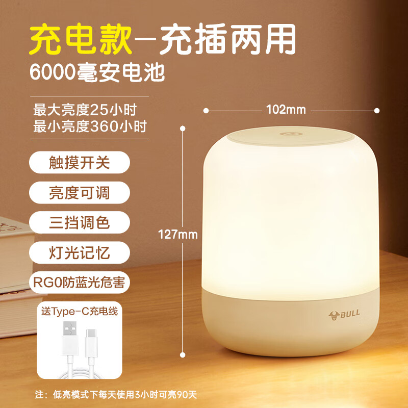 公牛小夜燈充電臥室床頭睡眠月子嬰兒寶寶喂奶夜間母嬰燈 觸摸調光款-6000毫安-可用90天