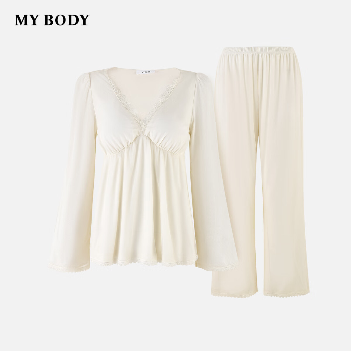 mybody商場同款睡衣女宮廷風自帶胸墊防凸點舒適家居服套裝 淡鵝黃  L 