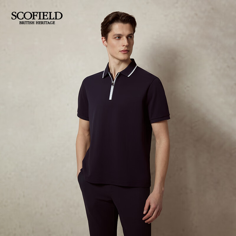 Scofield男士25年夏季新款领边撞色条纹拉链门襟宽松短袖POLO衫 藏青色 XL (180)