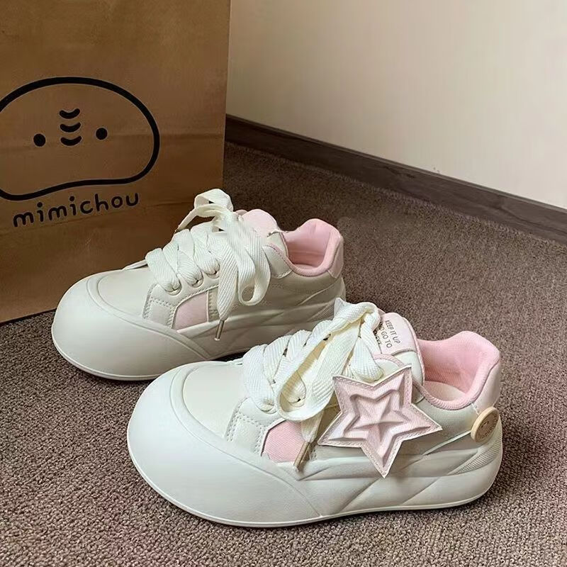 MKFZ小眾原創(chuàng)五角星空軍板鞋女春秋厚底小白鞋女時(shí)尚百搭面包鞋子女 粉色- 38 底厚4cm標(biāo)準(zhǔn)碼