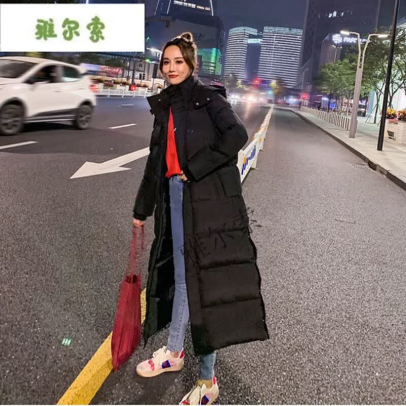 雅尔索白色中长款棉服女2025新款ins外套冬季棉衣加厚过膝棉袄 黑色 S 建议75-100斤