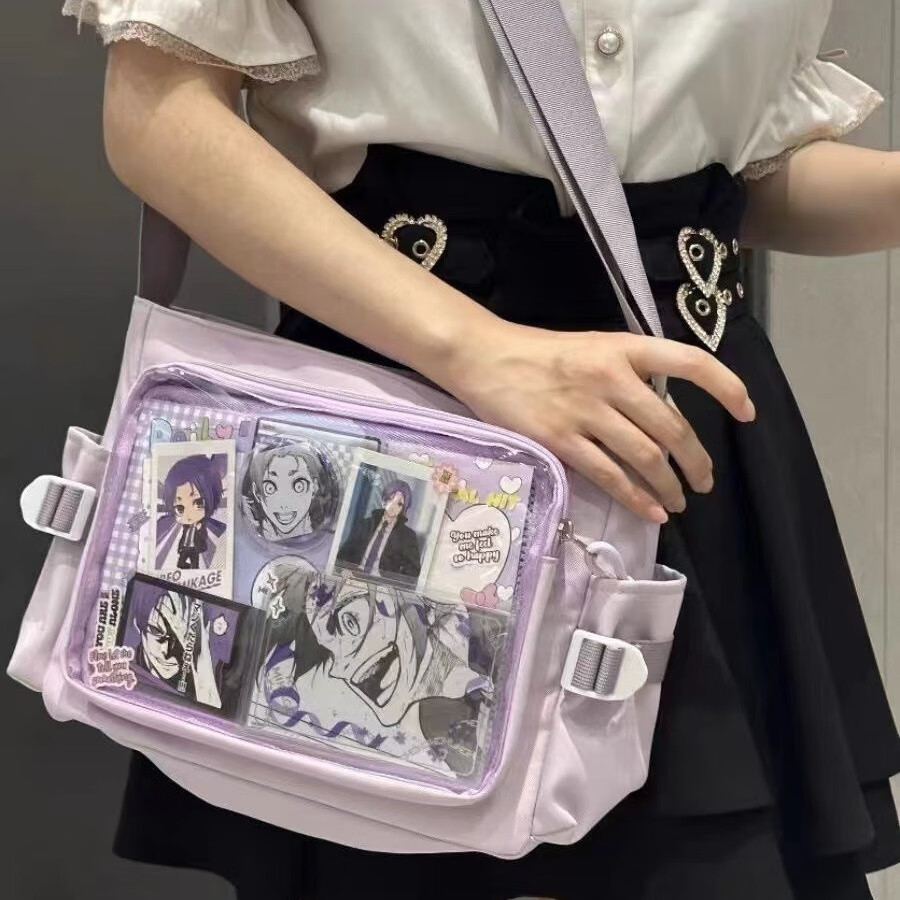 新款日系百搭透明吧唧痛包单肩上课装书二次元包女大容量休闲痛包 白黄送扎板