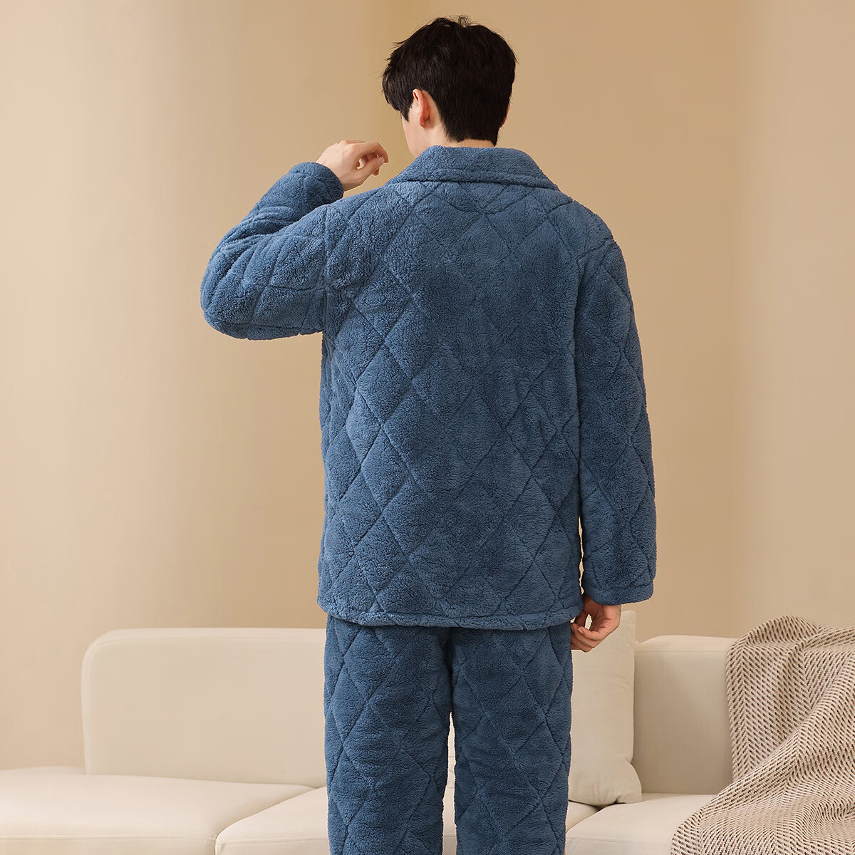 香蜜闺秀【三层夹棉加厚】男士睡衣秋冬新款长袖可外穿保暖男士家居服套装 W3424013宝蓝 XL