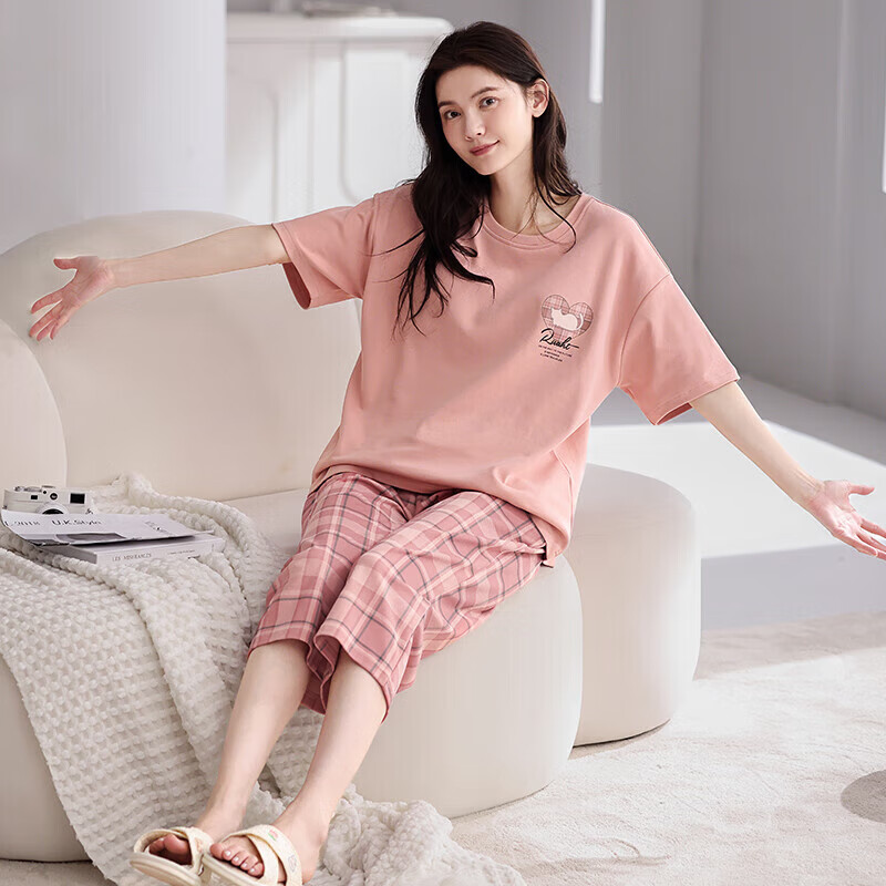 芬腾夏季纯棉睡衣女士薄款短袖七分裤休闲宽松夏天家居服套装 FX25920071粉红 2XL （建议145-160斤）