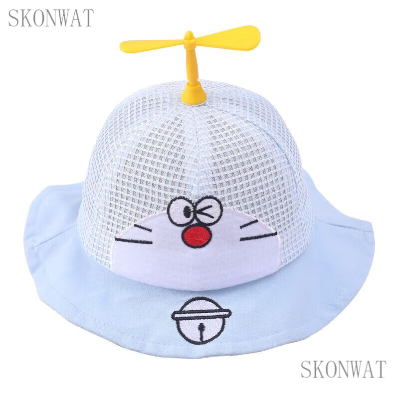 SKONWAT兒童帽子春秋盆帽哆啦A夢竹蜻蜓小飛機漁夫帽抖音網(wǎng)紅款網(wǎng)帽薄款 眨眼A夢-藍色