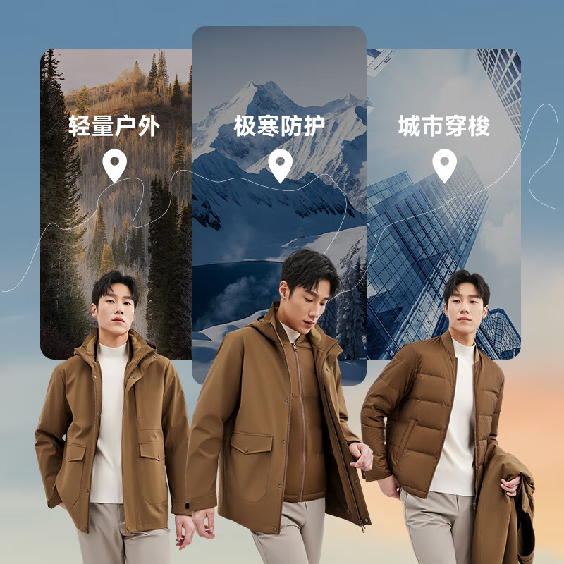 七匹狼【保暖三合一】连帽羽绒服抗静电肌理提花蓄热保暖男士外套 308(驼色) XL 175/92A