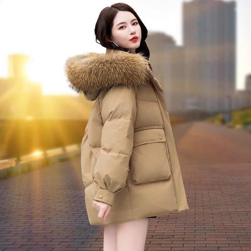 俏婷朵羽绒服女士中长款2024外套冬季新款白鸭绒冬装显瘦连帽女式派克服 7779卡其色-貉子毛 L 推荐（115-130