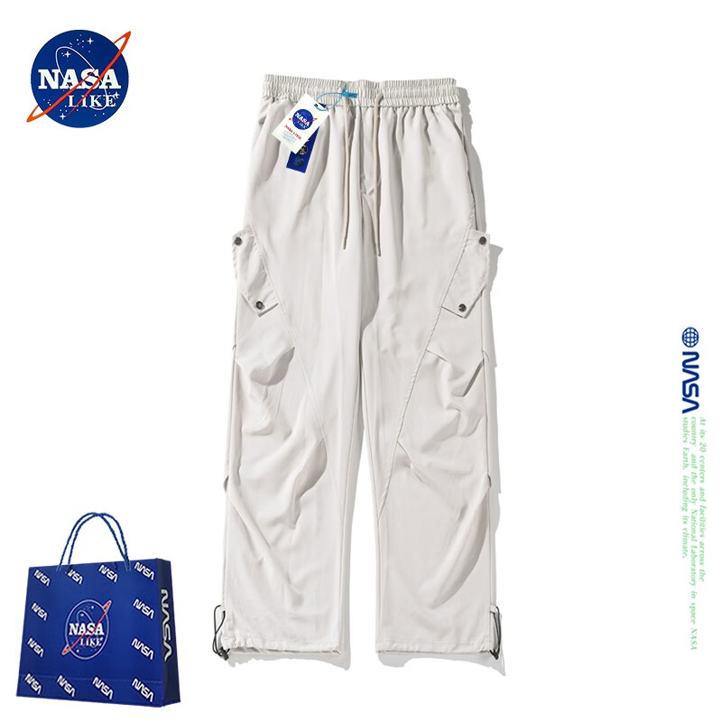 NASALIKE夏季冰丝裤子凉感褶皱工装裤男宽松阔腿伞兵裤百搭速干运动休闲裤 浅灰色 XL (推荐130-150斤)