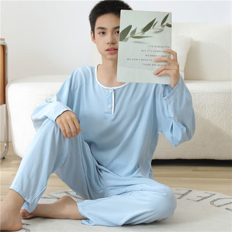 琉善女童棉綢睡衣大童夏季家居服青少年春秋綿綢初中生女孩人造棉套裝 長袖長褲淺藍色男 M 95碼(適合130-140c)