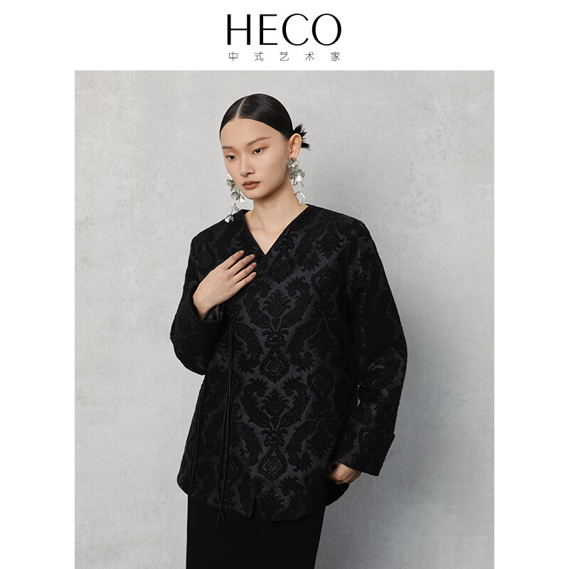 heco【吉光片裘】新中式国风v领流苏盘扣外套女2024春季新款上衣 黑色