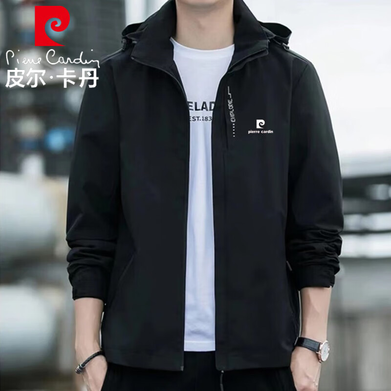 皮尔卡丹（pierre cardin）冲锋衣男春秋夹克外套休闲防风可卸帽简约宽松上衣 黑色 2XL