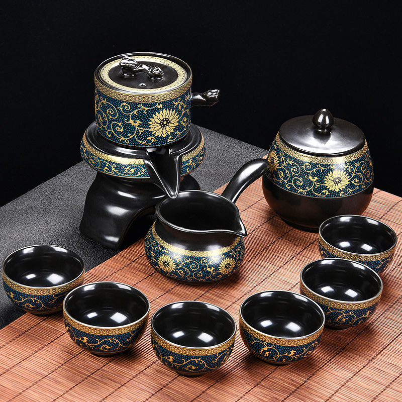 景德鎮(zhèn)（jdz）茶具套裝茶具茶具套裝家用辦公會(huì)客懶人全自動(dòng) 石磨旋轉(zhuǎn)自動(dòng)六杯+茶葉罐套 10件
