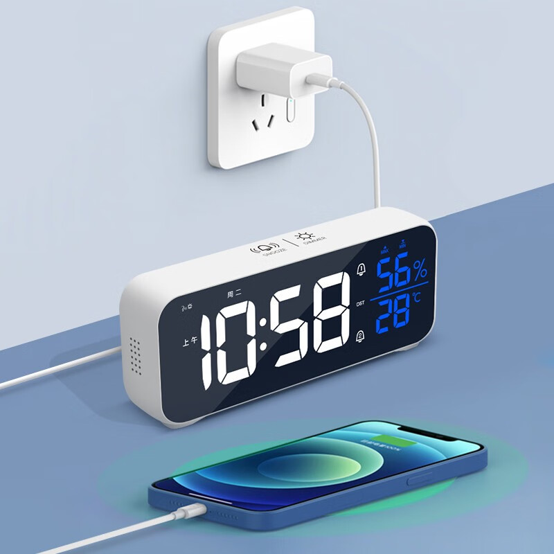 电子闹钟学生起床神器 大数字时钟 LED贪睡闹钟台钟座钟温锂电池 白色