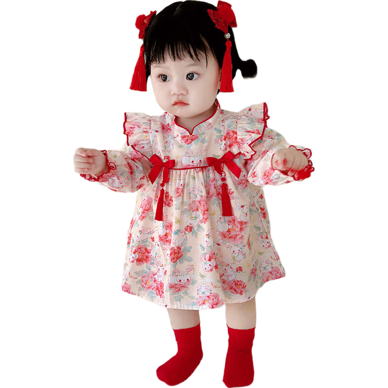 優(yōu)奇周歲女寶寶禮服春秋嬰兒百天衣服抓周旗袍連衣裙一歲女孩公主裙子