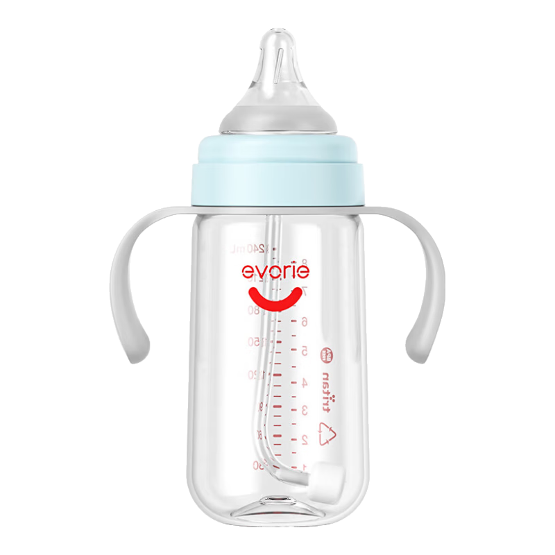 愛得利（evorie）嬰兒奶瓶 寬口徑雙手柄帶重力球Tritan奶瓶240ml 藍(6個月+)