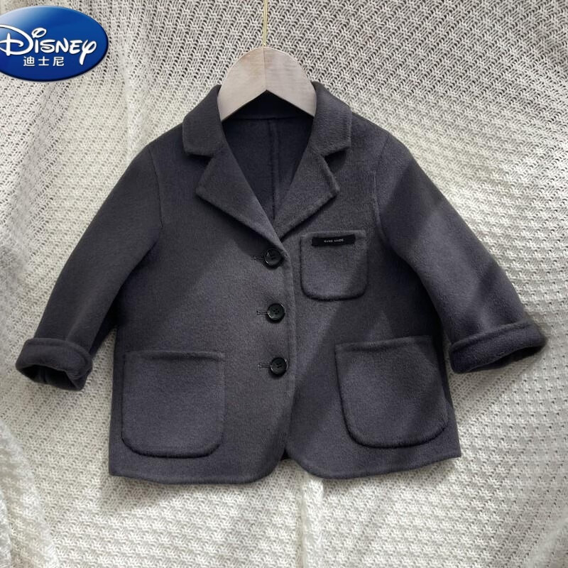 迪士尼（Disney）西裝雙面羊絨男童女童秋冬短款毛呢洋氣大衣休閑外套兒童上衣外穿 炭灰色雙面絨春秋款 cm 150