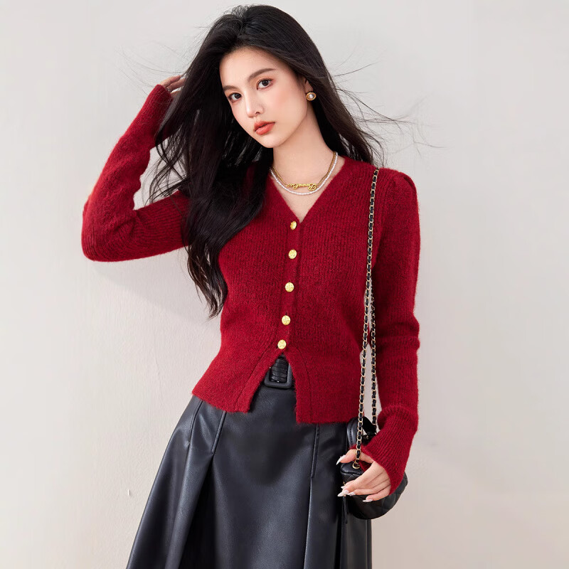 博主推荐2025年春季新款复古V领泡泡袖正肩毛衣女针织开衫 酒红色3417 S