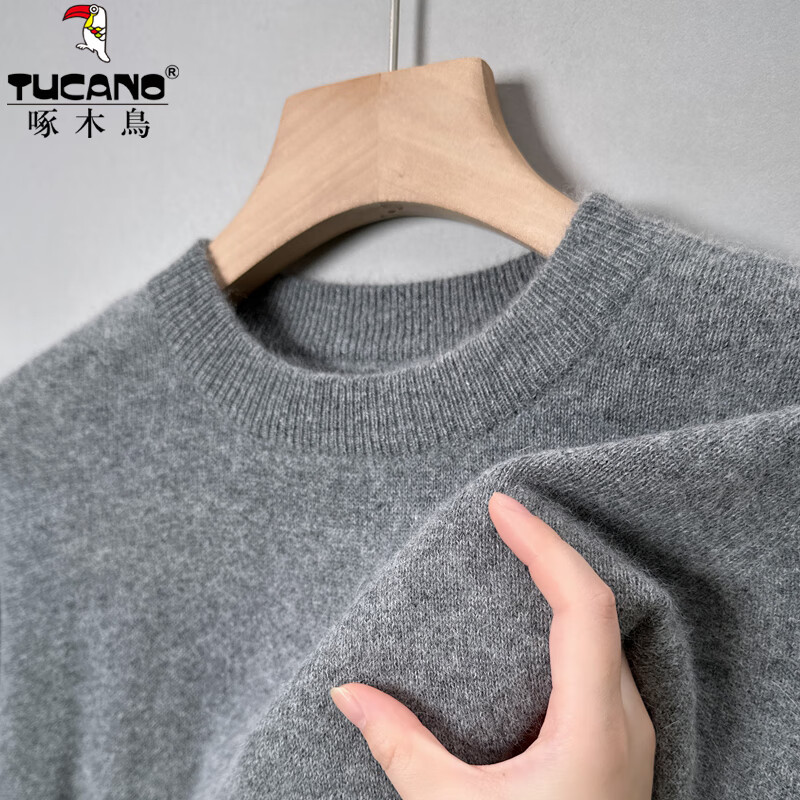 啄木鸟长袖毛衣男圆领纯色加厚男士针织衫冬季中年宽松非羊保暖毛衫绒衫 黑色 加厚 3XL (185) 推荐170-185斤