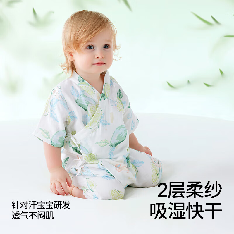 贝肽斯婴儿衣服连体衣夏季薄款透气短袖新生儿宝宝竹棉纱布睡衣 元气桃桃【2.0升级双系带】 73cm
