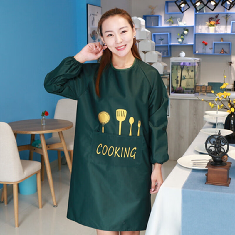 安布安奇厨房长袖围裙 防水防油时尚罩衣 男女厨师工作服反穿衣 长袖防水围裙厨具-升级绿色
