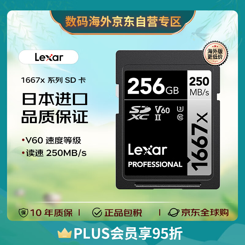 雷克沙（Lexar）SD存储卡 256GB U3 V60 4K数码相机内存卡 双排金手指（读250MB/s 写120MB/s）
