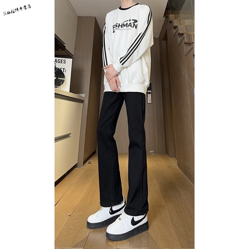 閱鄉(xiāng)美式微喇牛仔褲男式春秋季加厚修身大碼毛邊直筒褲水洗闊腿休閑褲 K860黑色無破洞 S
