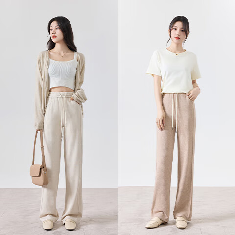 雪茜曼仿羊绒阔腿裤女春秋季百搭宽松垂感拼接直筒裤显瘦时尚休闲长裤子 黑色 (春秋款) L (推荐110-125斤)