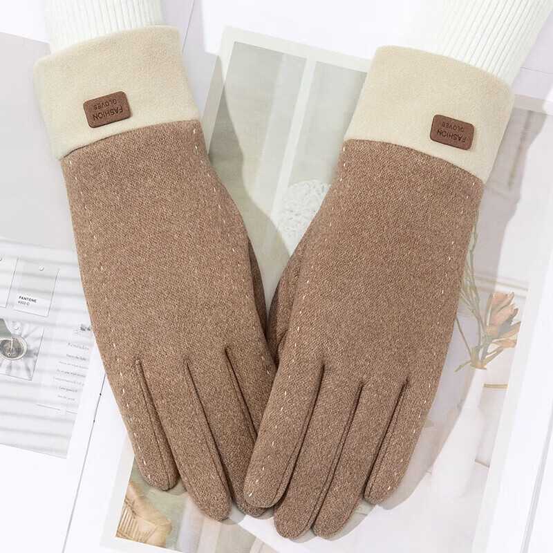 达芬奇密码 秋冬季开车可触屏加绒保暖防风防寒手套女 白线 卡其 均码