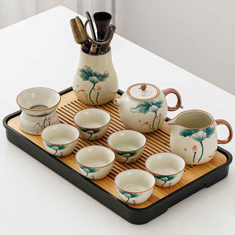 胖東來品質(zhì)功夫茶具套裝2023新款家用茶杯茶壺喝泡茶具高端汝窯輕 汝窯行云(荷葉)正把壺六杯配茶2