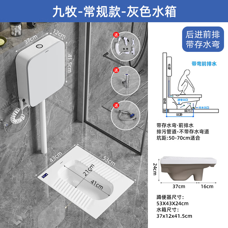 九牧（JOMOO）蹲便器水箱套装整套蹲坑蹲便池大口径防滑防臭一体蹲厕防溅 53*43 水灰色水箱