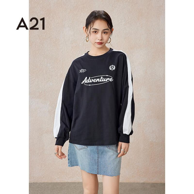 A21女裝美式寬松休閑長(zhǎng)袖衛(wèi)衣女情侶圓領(lǐng)oversize上衣 黑色 XS