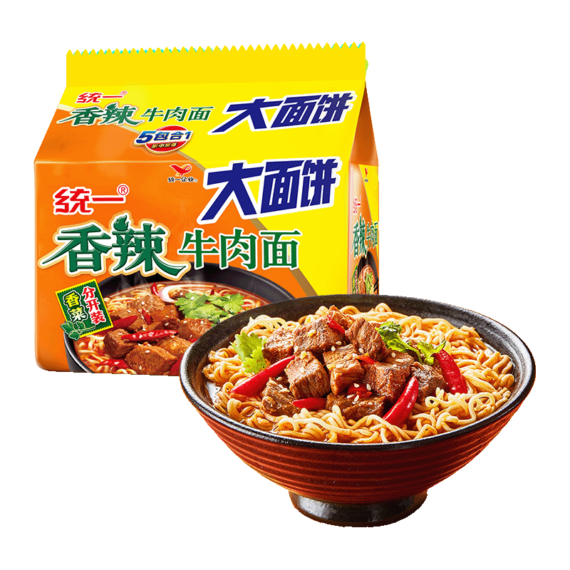 统一 香辣牛肉面大面饼大袋五合一方便面 135g*5袋新老包装随机发货