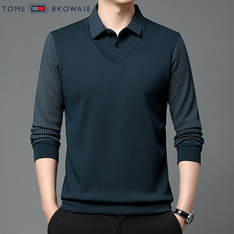 汤米芙兰可加绒加厚假两件2025年秋冬季新款保暖休闲修身套头男士上衣 哈青常规 L /170(建议120-135斤)