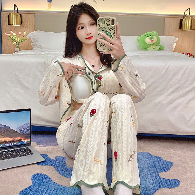 带胸垫睡衣女春秋季带胸垫长袖甜美开衫大码家居服套装可外穿 SL63034 M