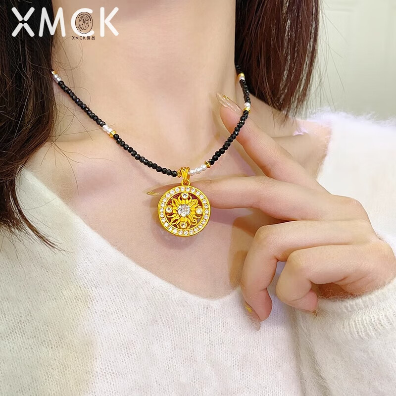XMCK古法沙金满钻太阳花图尖晶石项链镂空圆盘锁骨链气质送女友礼 A089满钻太阳花图腾+黑色尖晶石