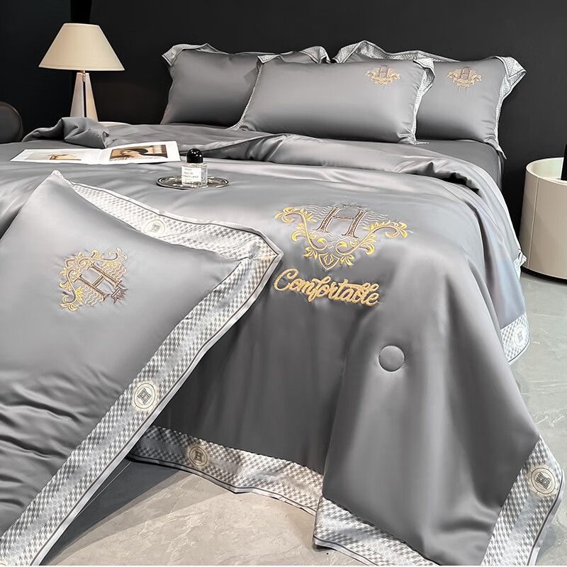 水星系列家纺轻奢A类天丝夏被四件套可机洗空调被冰丝凉感单双人夏凉被 格调-高级灰 1.5m 床单款 （被套200*230cm） 4件