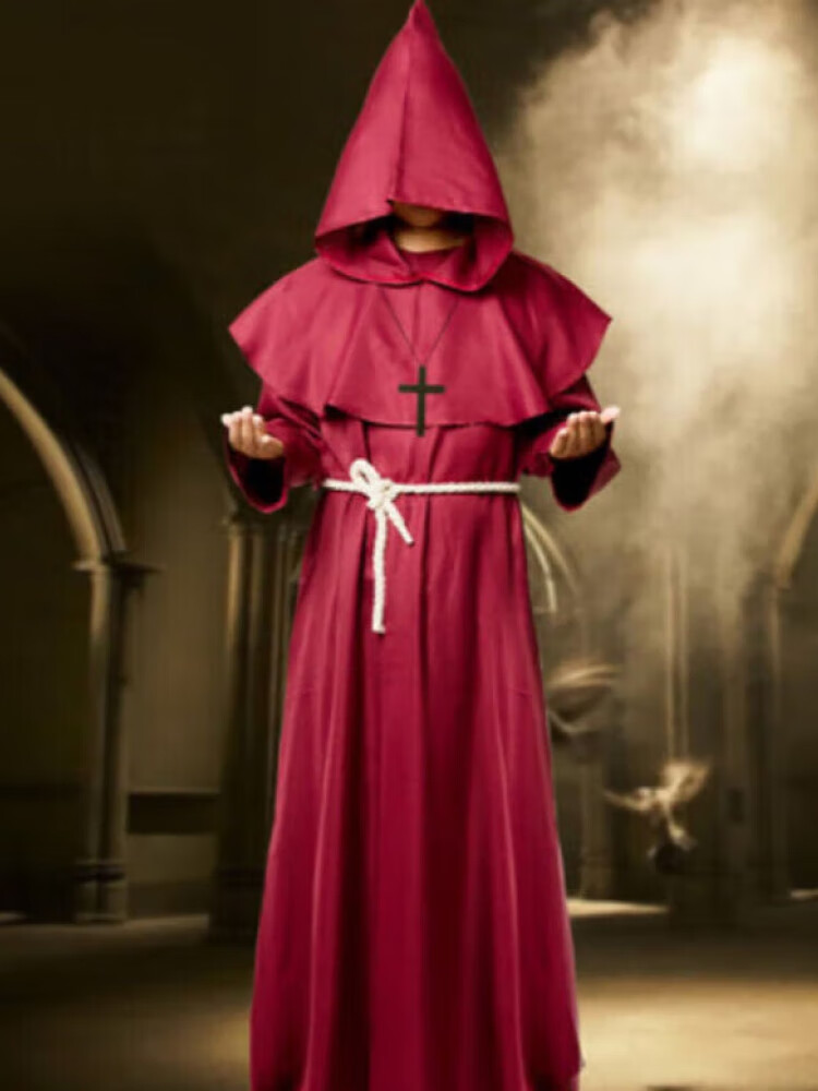 修士袍巫师牧师教父神父cos服装男万圣节斗篷套装 中世纪修士袍酒红色