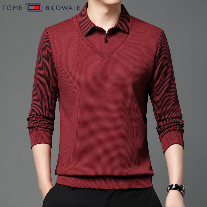 汤米芙兰可加绒加厚假两件毛衣男2025年秋冬季新款保暖休闲修身套头男士上衣 酒红常规不加绒 3XL /185（建议165-180斤）